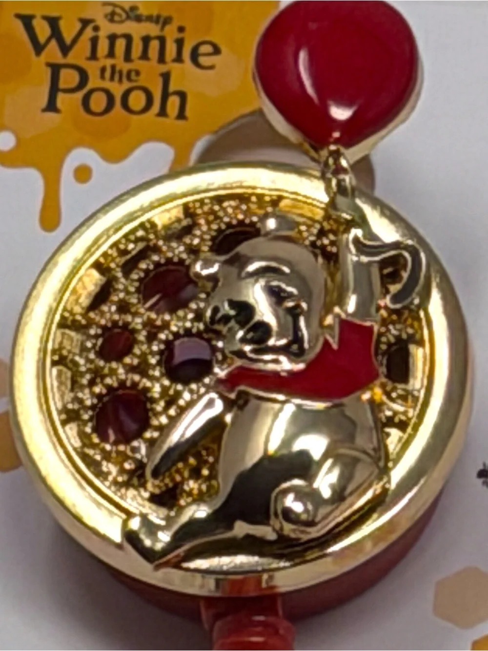 Disney Winnie The Pooh Badge Reel - Gold Tone With Red Balloon New